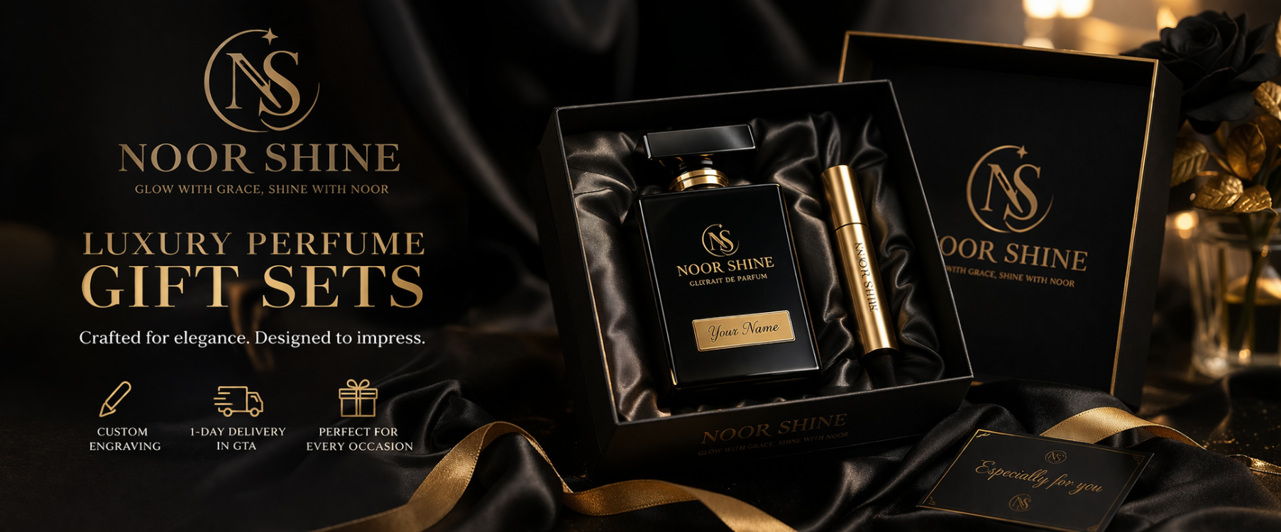 Noor Shine luxury perfume gift set with black packaging on a dark fabric background